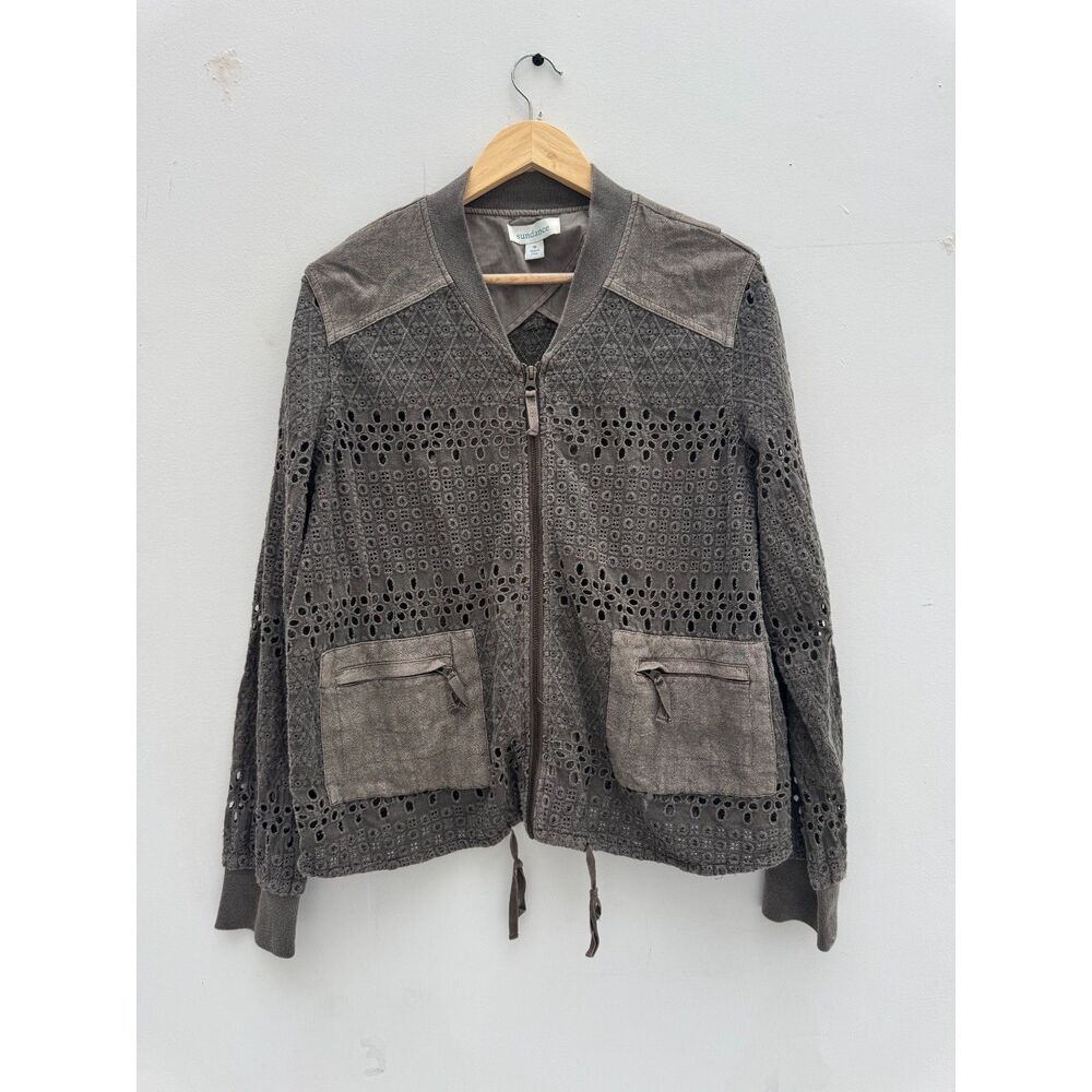 Sundance Taupe Gray Eyelet Bomber Jacket Women's M Zip Front